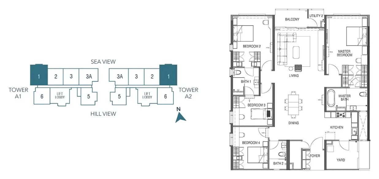 Waterstone Type A2 floor plan with the developer's key plan, four bedrooms and three bathrooms, Unit 1 on Levels 9 to 32, Tanjung Bungah, Penang