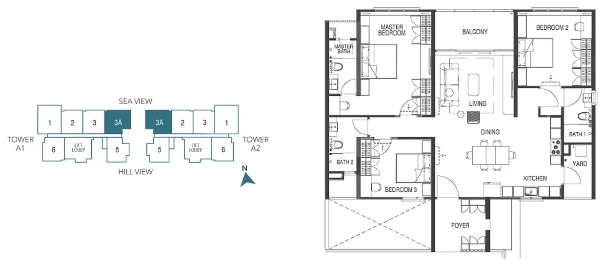 Waterstone Type B1 floor plan with the developer's key plan, three bedrooms and three bathrooms, Unit 3A on Levels 33 to 39, Tanjung Bungah, Penang