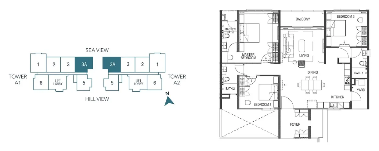 Waterstone Type B2 floor plan with the developer's key plan, three bedrooms and three bathrooms, Unit 3A on Levels 9 to 32, Tanjung Bungah, Penang
