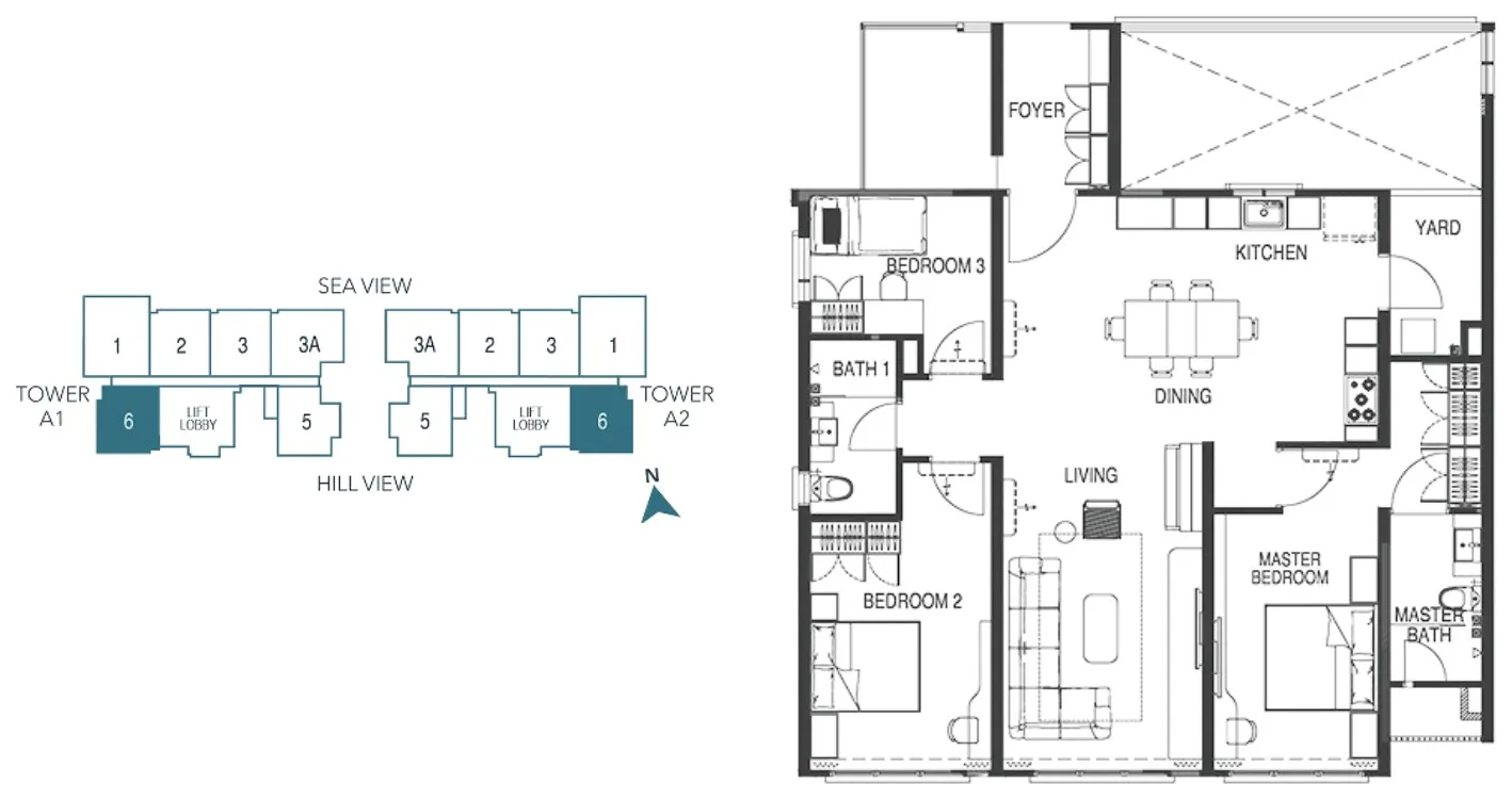 Waterstone Type C1 floor plan with the developer's key plan, three bedrooms and two bathrooms, Unit 6 on Levels 33 to 39, Tanjung Bungah, Penang