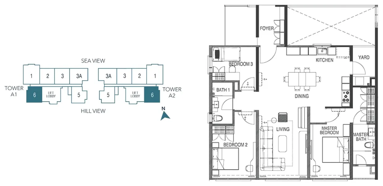Waterstone Type C2 floor plan with the developer's key plan, three bedrooms and two bathrooms, Unit 6 on Levels 9 to 32, Tanjung Bungah, Penang
