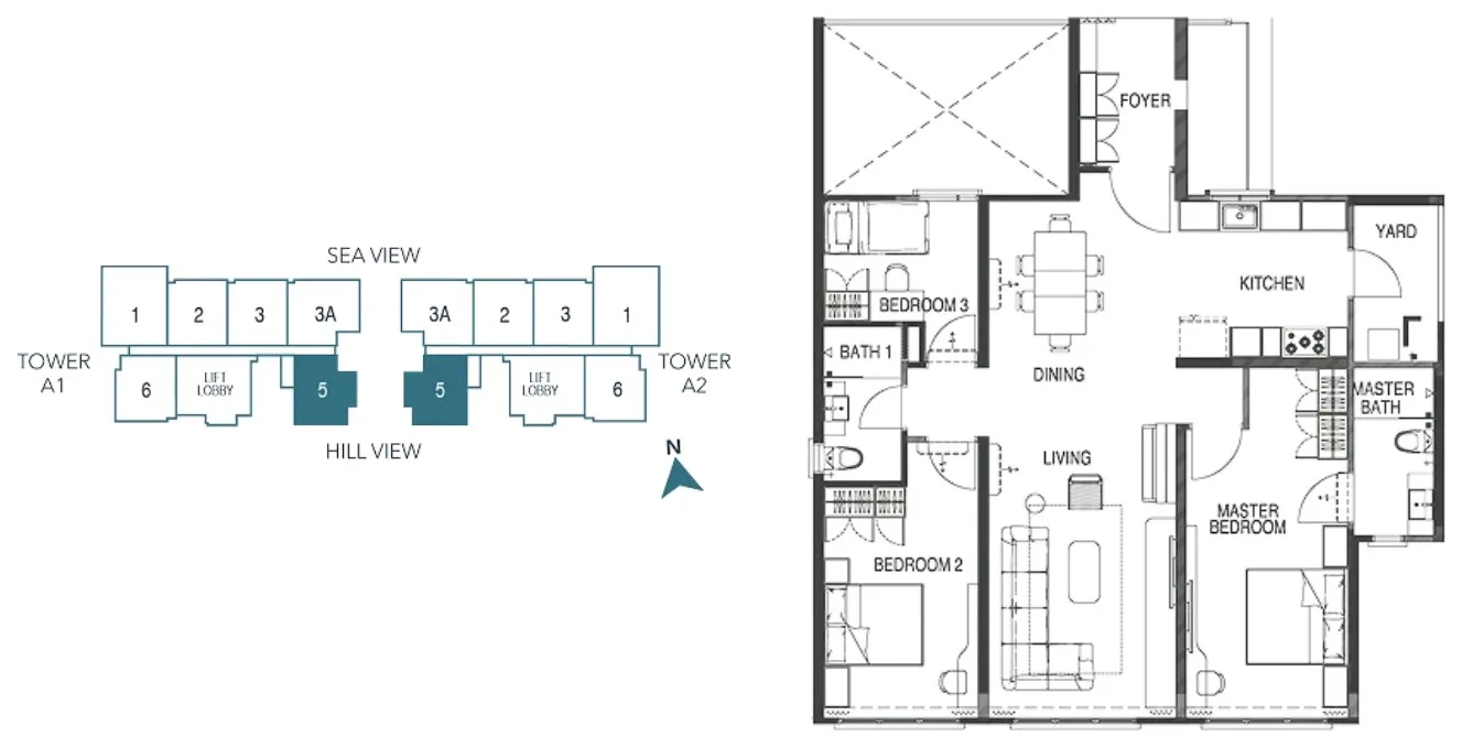 Waterstone Type D1 floor plan with the developer's key plan, three bedrooms and two bathrooms, Unit 5 on Levels 33 to 39, Tanjung Bungah, Penang