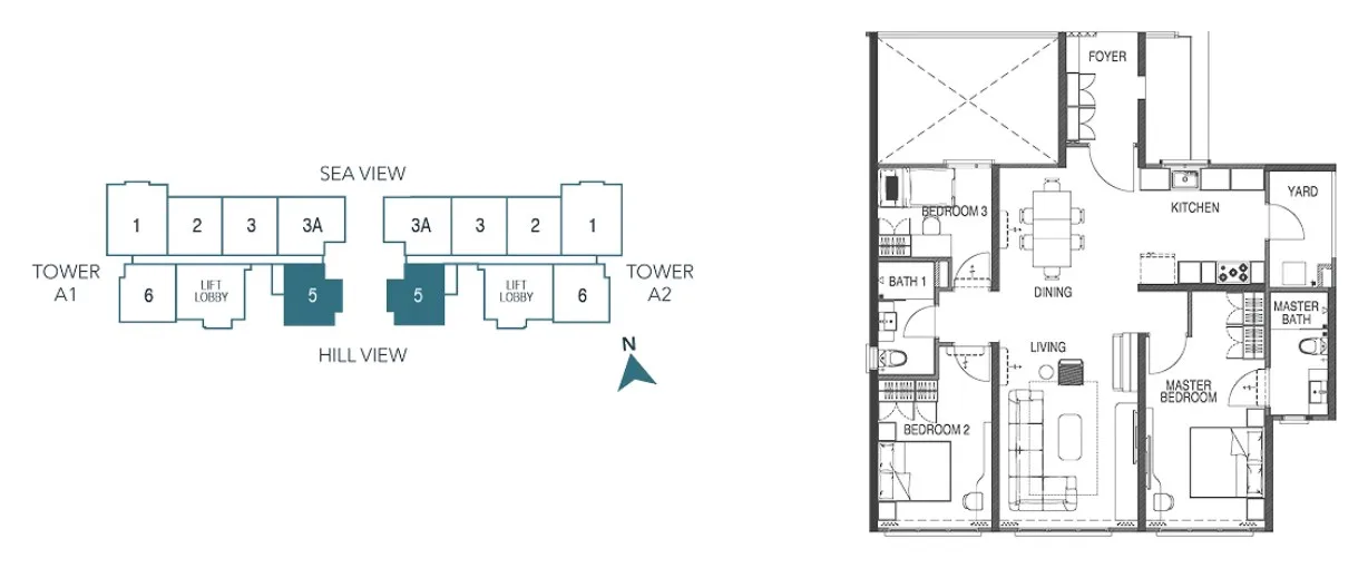 Waterstone Type D2 floor plan with the developer's key plan, three bedrooms and two bathrooms, Unit 5 on Levels 9 to 32, Tanjung Bungah, Penang