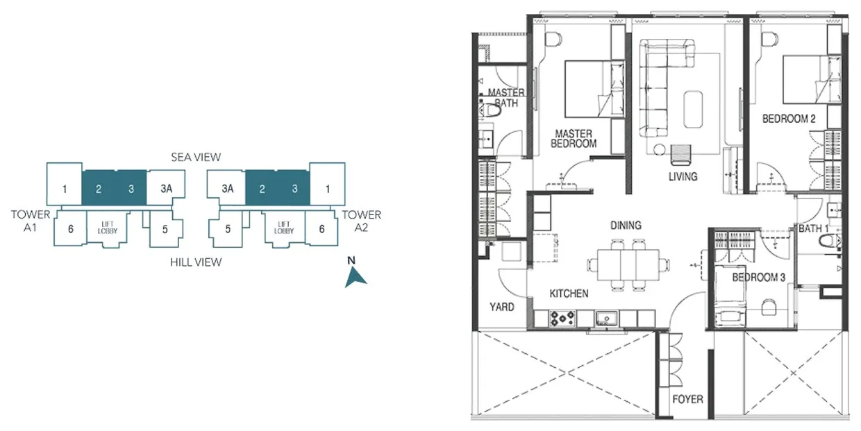 Waterstone Type E1 floor plan with the developer's key plan, three bedrooms and two bathrooms, Units 2 and 3 on Levels 33 to 39, Tanjung Bungah, Penang