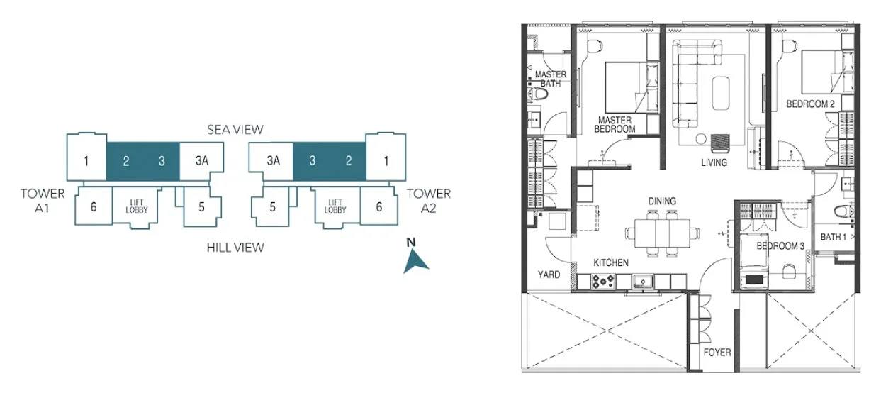 Waterstone Type E2 floor plan with the developer's key plan, three bedrooms and two bathrooms, Units 2 and 3 on Levels 9 to 32, Tanjung Bungah, Penang