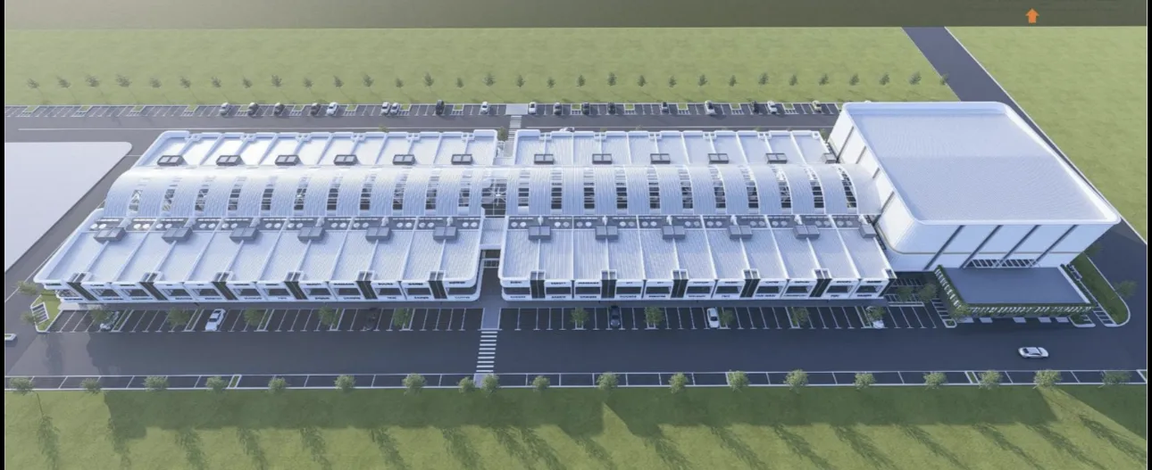 Wisdom Boulevard aerial artist's impression showing two rows of shoplots and the sports centre at one end, Batu Kawan, Penang