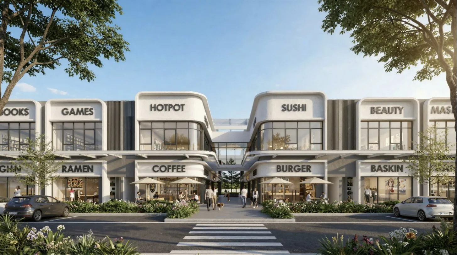 Wisdom Boulevard walkway opening between two blocks of shoplots, artist's impression, Batu Kawan, Penang