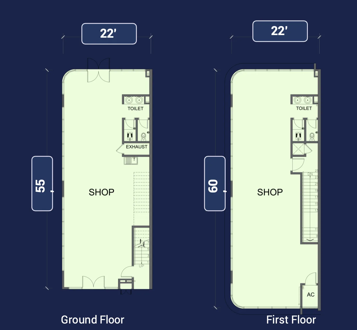 Wisdom Boulevard corner shoplot floor plan with a rounded corner, ground and first floor, Batu Kawan, Penang