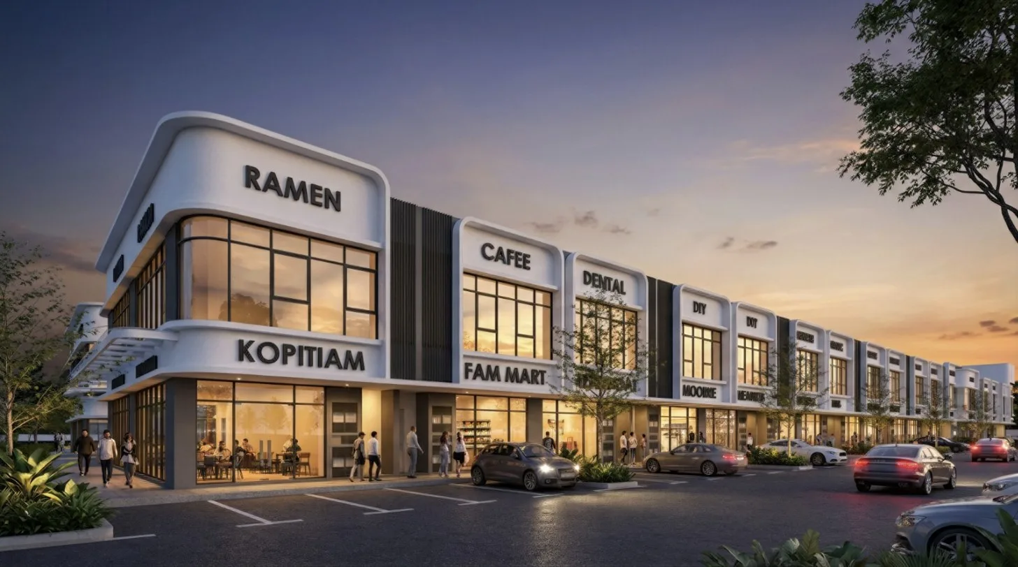 Wisdom Boulevard corner shoplot with a rounded corner and the row of two-storey shoplots at dusk, artist's impression, Batu Kawan, Penang
