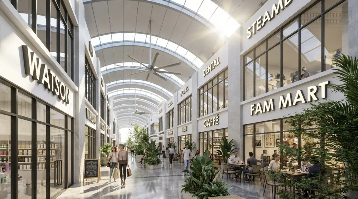 Wisdom Boulevard central street under the curved roof with shopfronts on both sides, artist's impression, Batu Kawan, Penang