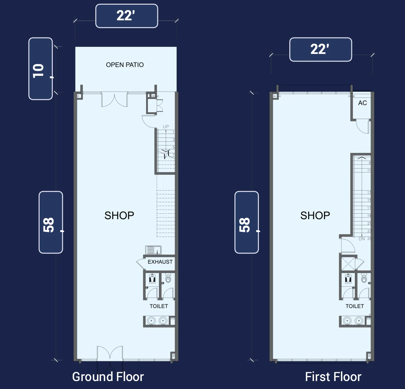 Wisdom Boulevard intermediate shoplot floor plan, ground floor with open patio and first floor, Batu Kawan, Penang