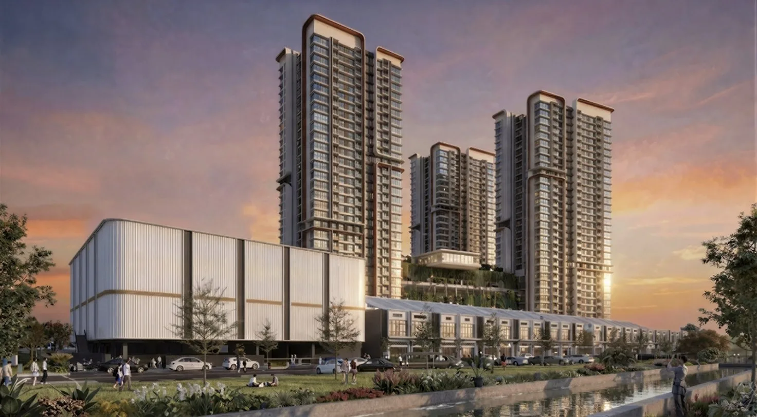 Wisdom Boulevard at dusk: the large hall at the end of the shop rows, which the layout plan marks as the sports centre, with residential towers behind, artist's impression, Batu Kawan, Penang