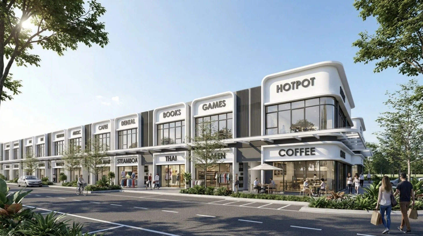 Wisdom Boulevard two-storey shoplots seen from the street by day, artist's impression, Batu Kawan, Penang
