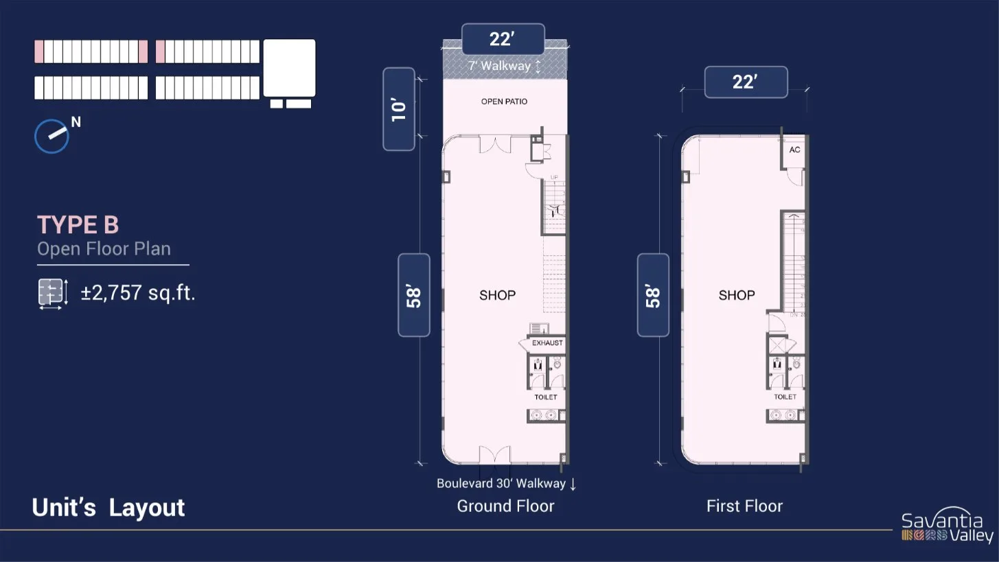 Wisdom Boulevard Type B corner shoplot layout with a rounded corner and an open patio, ground floor and first floor, 22 ft wide, Batu Kawan, Penang — developer's marketing artwork