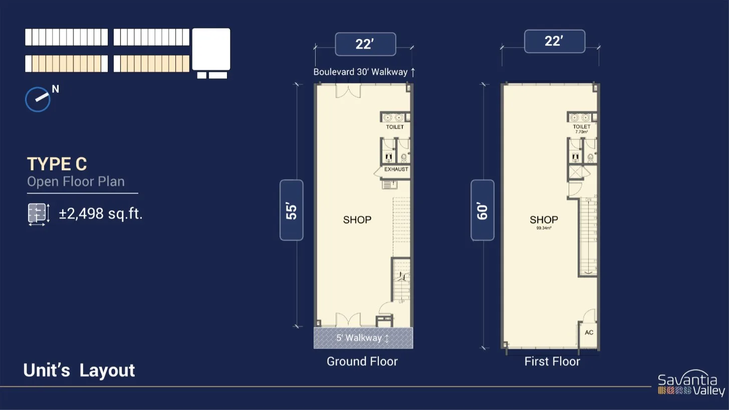 Wisdom Boulevard Type C intermediate shoplot layout, ground floor and first floor, 22 ft wide, Batu Kawan, Penang — developer's marketing artwork