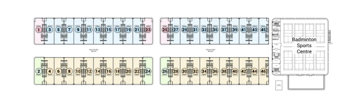Wisdom Boulevard unit layout plan with shoplots numbered 1 to 46 and the Badminton Sports Centre, Batu Kawan, Penang