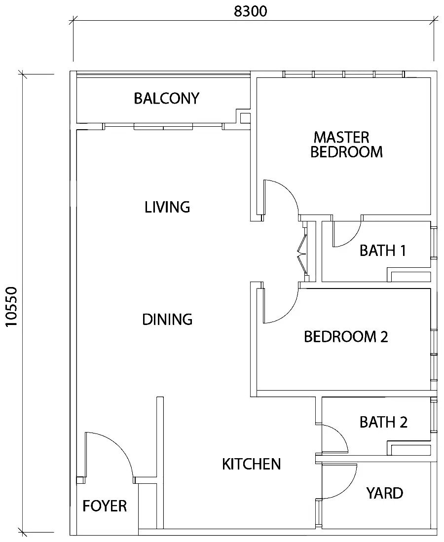 TriTower Residence @ Johor Bahru Sentral Type B official floor plan — 942 sq ft, 2 bed 2 bath