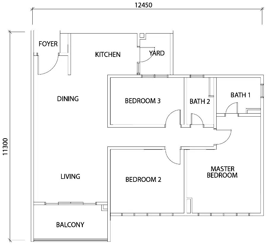 TriTower Residence @ Johor Bahru Sentral Type C official floor plan — 1,262 sq ft, 3 bed 2 bath