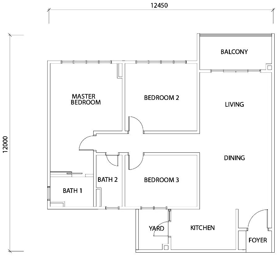 TriTower Residence @ Johor Bahru Sentral Type D official floor plan — 1,347 sq ft, 3 bed 2 bath