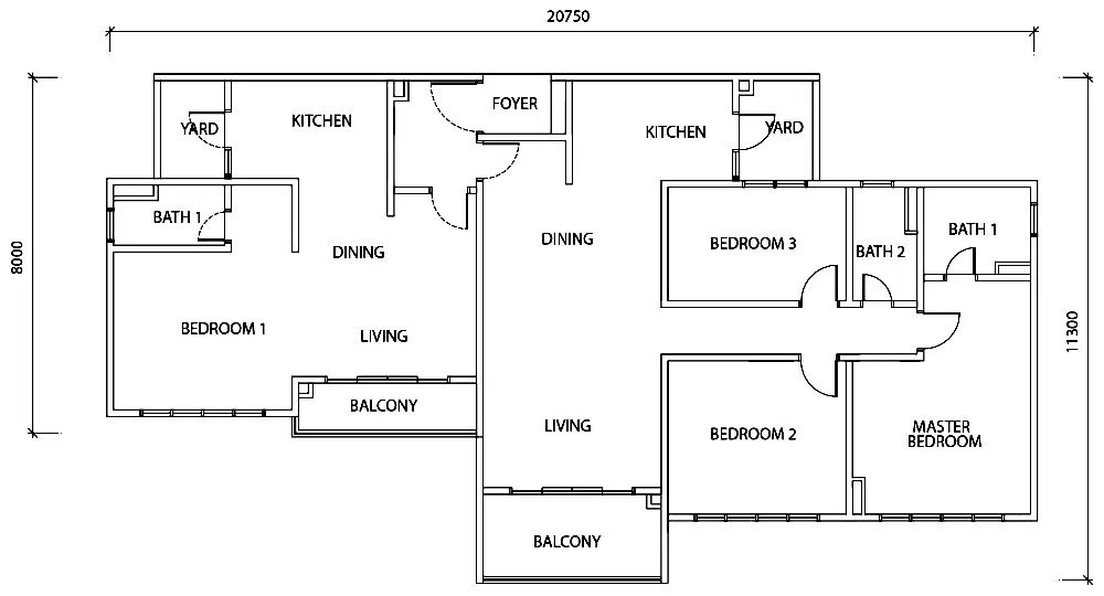 TriTower Residence @ Johor Bahru Sentral Type DK-AC official floor plan — 1,931 sq ft dual-key, 20,750 mm frontage