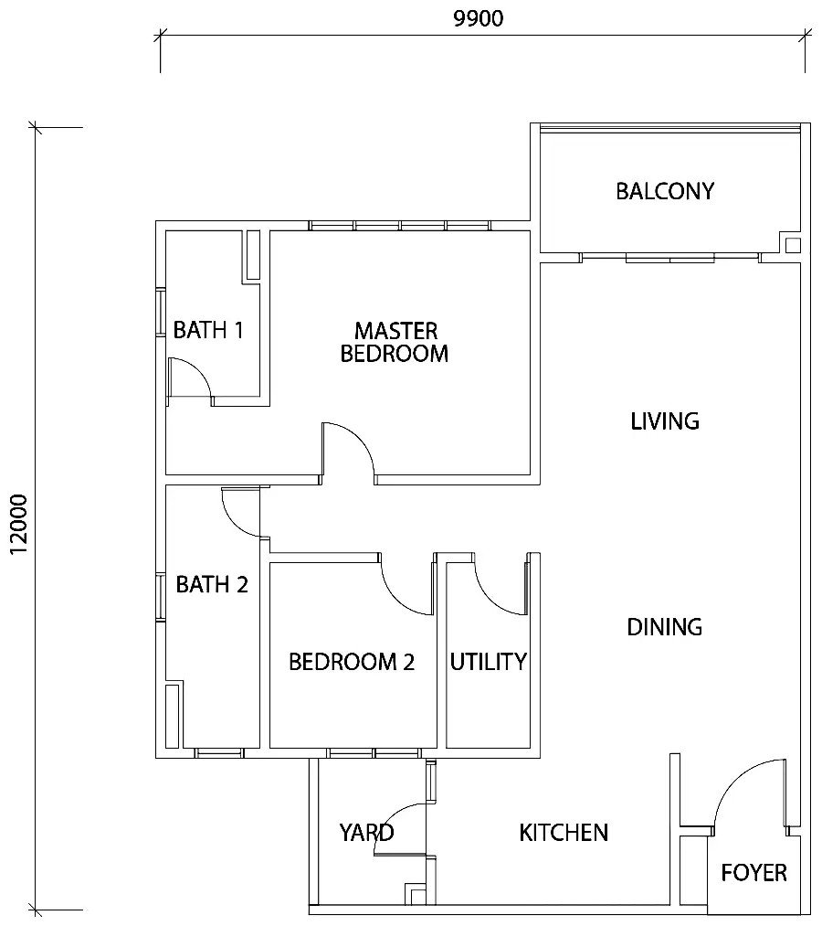 TriTower Residence @ Johor Bahru Sentral Type F official floor plan — 1,125 sq ft, 2+1 bed 2 bath with utility