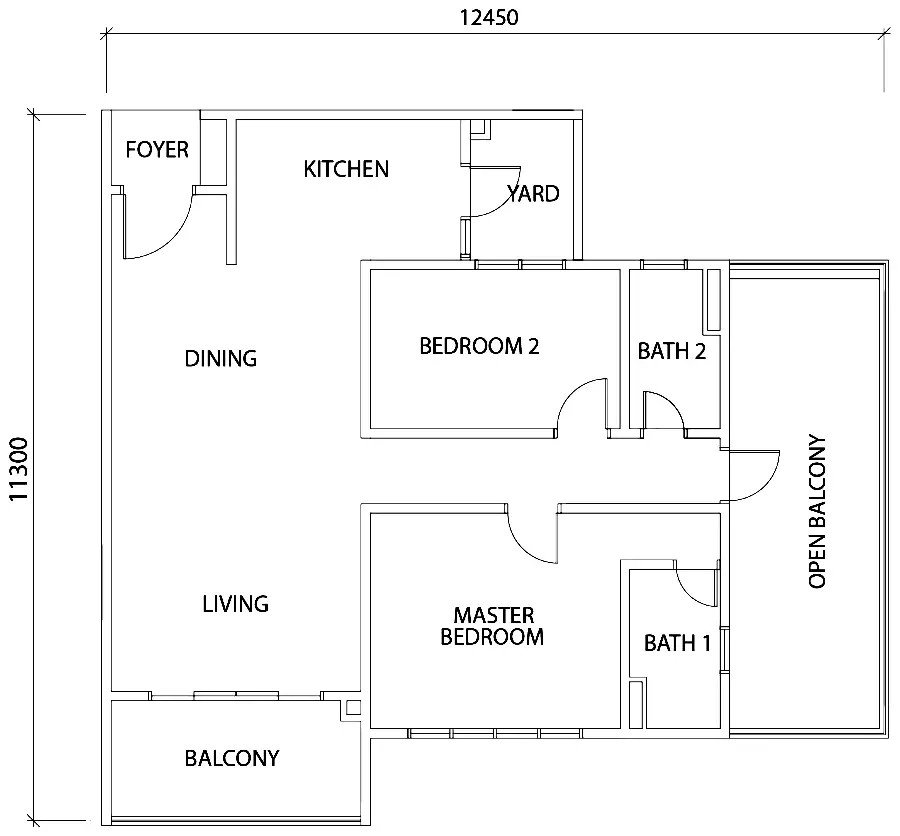 TriTower Residence @ Johor Bahru Sentral Type G official floor plan — 1,262 sq ft, 2 bed 2 bath + open balcony