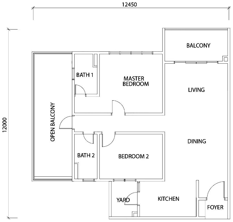 TriTower Residence @ Johor Bahru Sentral Type H official floor plan — 1,347 sq ft, 2 bed 2 bath + open balcony